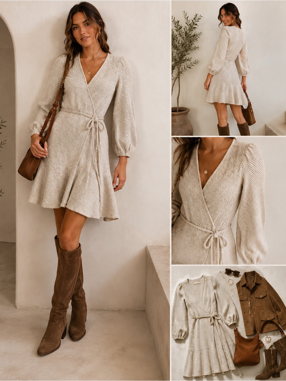 Anthropologie Cream Textured Wrap Midi Dress